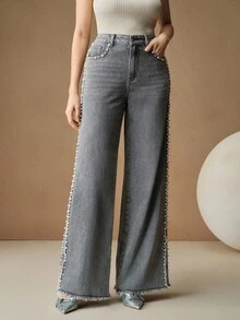 Anewsta Quần jean ống rộng rộng rãi họa tiết ngọc trai giả thời trang thường ngày cho nữ - Xám - Xem 3