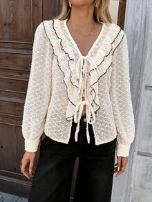 Chiquease Women's Ruffled Collar Long Sleeve Blouse, V-Neck Loose Fit Casual Shirt, Autumn - Apricot - View 7