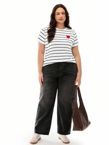 Solavibe Plus Size Women Knitted Striped T-Shirt With Small Heart Embroidery For Summer - Black and White - View 2