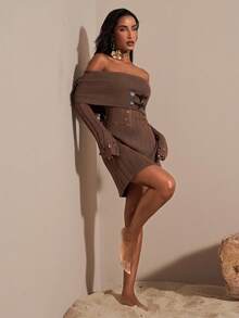 Opulessa Robe en tricot à épaules dénudées de couleur unie et ajourée pour femmes