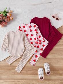 SHEIN Playful Pals 6件套可爱女婴春秋罗纹面料蝴蝶结印花/蝴蝶结印花/纯紫红色长袖弧形下摆T恤和修身裤休闲时尚装 - 彩色 - 查看 2