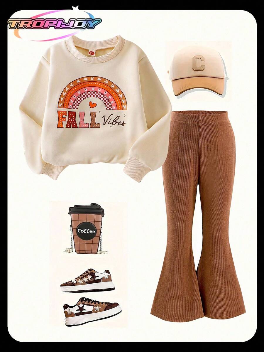 SHEIN Tuta da ragazza giovane composta da 2 pezzi: felpa girocollo a maniche lunghe con stampa di lettere arcobaleno e pantaloni a zampa, outfit casual alla moda, per la primavera e l'autunno - Albicocca - Visualizzare 1