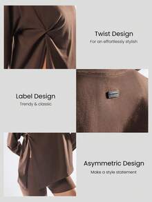 GLOWMODE Pima Cotton Ready Or Knot Soft Breathable Lightweight Front Twist Asymmetric Hem Oversized Crewneck Long Sleeve Gym Studio  Daily Casual Spring Summer - Chocolate Brown - View 3