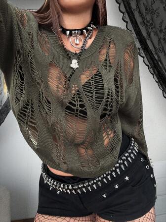 Whyspr Plus Size Punk Style Round Neck Hollow Out Distressed Pullover Sweater, Casual Drop Shoulder Knit Top