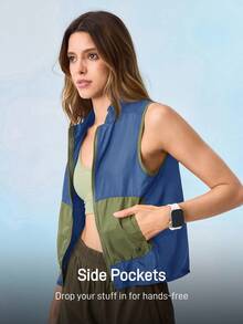 In My Nature Veste sans manches décontractée d'été pour femmes, col montant bicolore avec fermeture éclair, pour l'extérieur