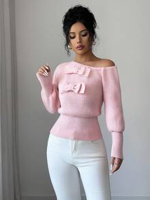 Elenzga Women's Fashion Casual Oblique Collar Bow Pullover Pink Sweater, Christmas, New Year, Thanksgiving Gift