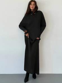 Aloruh 紫色针织两件套 新款冬季加厚女式毛衣裙宽松两件套 - 黑色 - 查看 6