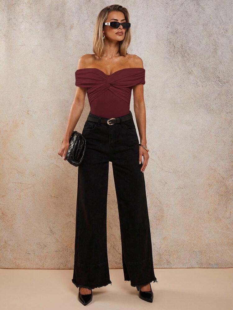 Christmas Women's Solid Color Twist Ruched Off-Shoulder Bodysuit Burgundy Tube Top Bodysuit - Burgundy - View 4