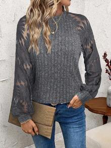 SHEIN Clasi Women's Fuzzy Patchwork Sunflower Lace T-Shirt - Dark Grey - View 4