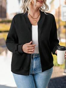 Plus Size Women's Solid Color Long Sleeve Casual Baseball Jacket, Spring Autumn Fall Winter Cloth For Women - Black - View 7