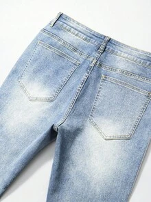 ROMWE MEN Street Life Jeans desgastados y rasgados con diamantes de imitación para hombre - Celeste - Ver 8