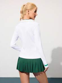 CourtClass Camisa polo feminina com gola canelada, decote em V, manga comprida, estampa de tênis, corte slim, camisa polo esportiva casual para tênis e uso diário - Branco - Ver 3