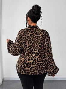 Maweii Plus Size Women Elegant Leopard Print Chiffon Fabric Front Tie Bow Collar Puff Sleeve Blouse, Fashion Design For Party, Night Date, New Autumn Long Sleeve Shirt
