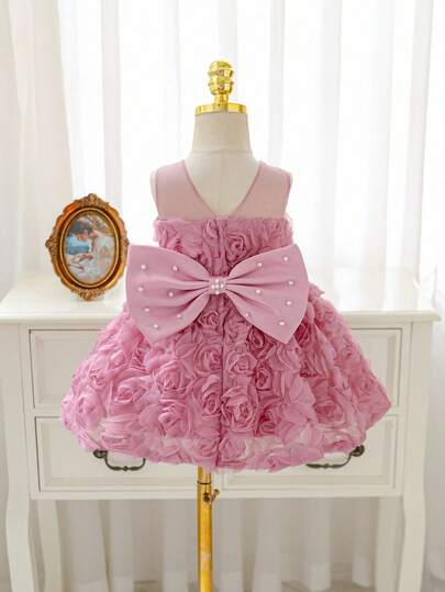 SHEIN Glamorique Kids Baby Girls' Pink 3D Floral Dress, Mesh Satin Puff Sleeve, Back Bow Beaded Party Dress, Rose Flower Toddler Wedding Flower Girl Dress, Baby Girl Birthday Pageant Gown