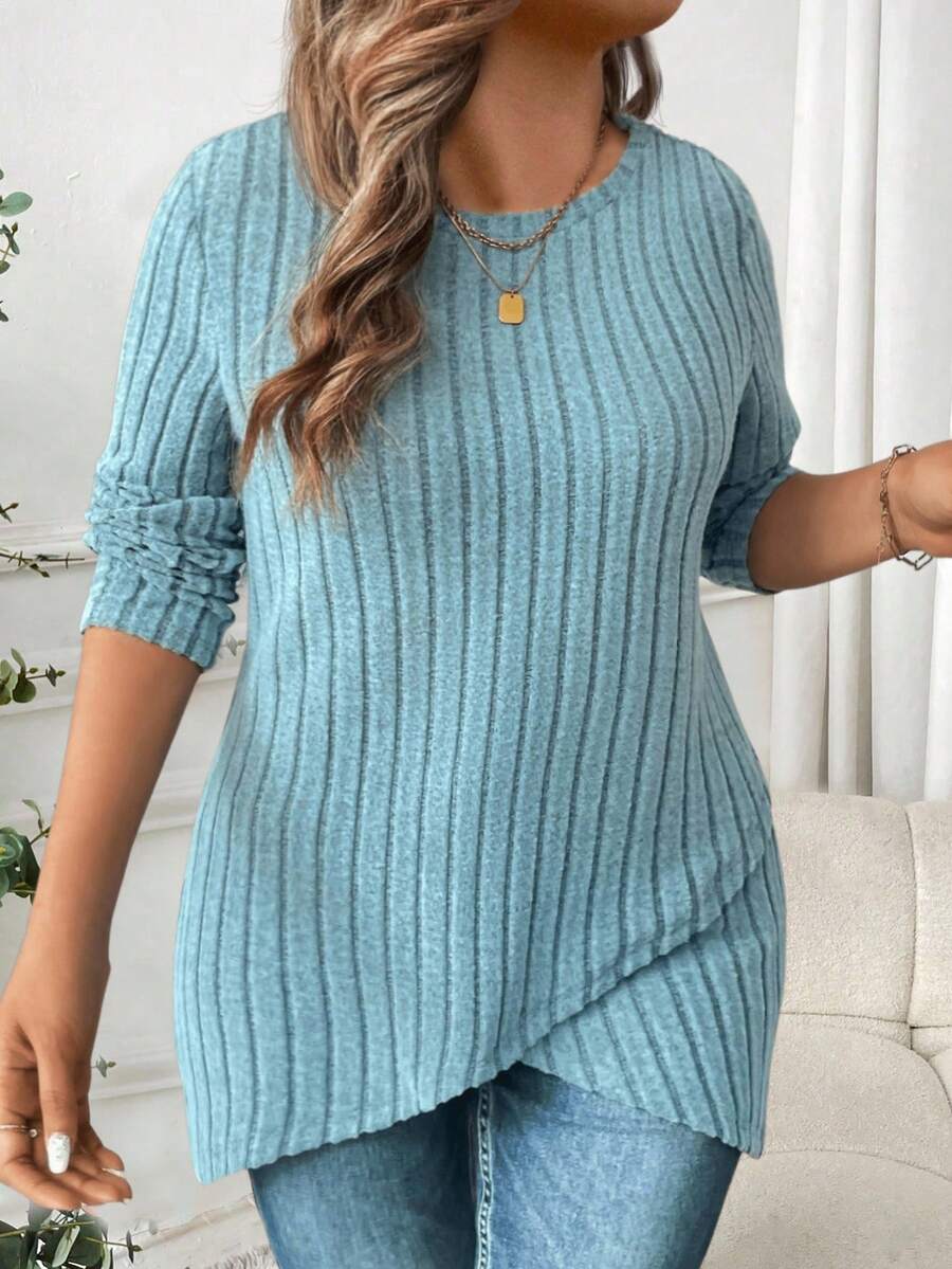 EMERY ROSE Women's Asymmetrical Hem Ribbed Knit Crew Neck Long Sleeve Plus Size T-Shirt, Autumn/Winter - Baby Blue - View 1