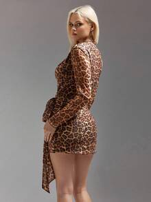 SHEIN ICON Women's Boho Animal Print V-Neck Fashionable Sexy Leopard Print Deep V-Neck Tie Waist Mini Dress - Multicolor - View 2