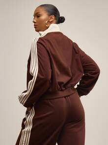 MUSERA Chaqueta de chándal con cremallera en el cuello y mangas a rayas de alto contraste, ideal para invierno, uso diario, linda, informal y cómoda - Multicolor - Ver 4