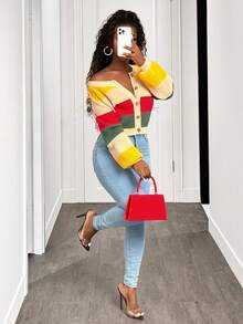 SHEIN BamGlam Women's Fashion Casual Colorblock Short Knit Sweater - Apricot - View 6