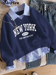 Sweat-shirt-shirt pour jeunes filles, style collège polyvalent et décontracté, Sweat-shirt-shirt 2 en 1 avec col chemise, imprimé numérique et lettres, motif léopard ample