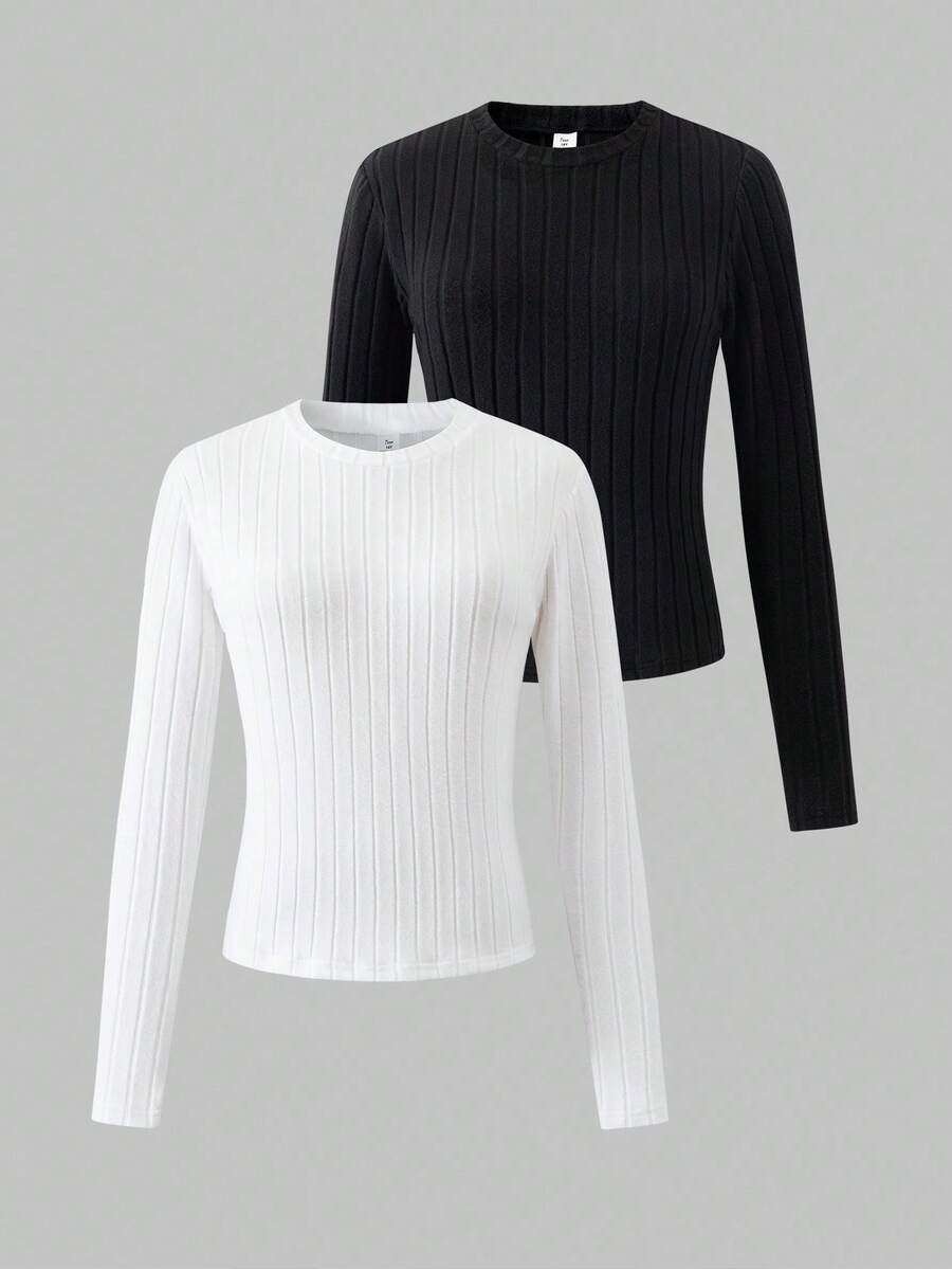 Sparklyn 2pcs/Set Teen GirlClassic Black & White Long Sleeve T-Shirts, Elegant Basic Knit Tops, Suitable For Layering - Black and White - View 1