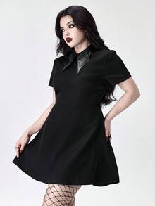 ROMWE Váy chữ A cổ vá bất đối xứng bằng da PU phong cách Gothic - màu đen - Xem 4