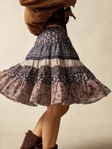 Bohemela Autumn Women's Vintage Music Festival Halloween Casual Vacation Floral Printed Ruffled Skirt With Waist Tie Loose Women Skirt, Western Country Style Concert Vacation, Suitable For Vacation & Daily Wear & Back To School - Multicolor - View 6