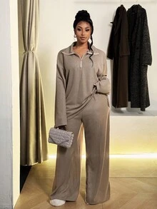 Maweii Bộ đồ hai mảnh dành cho nữ cỡ lớn, kiểu dáng thể thao thoải mái, gồm áo khoác có khóa kéo và quần ống đứng dáng rộng, màu nâu, thích hợp cho mùa xuân, thu và đông. - màu nâu - Xem 4