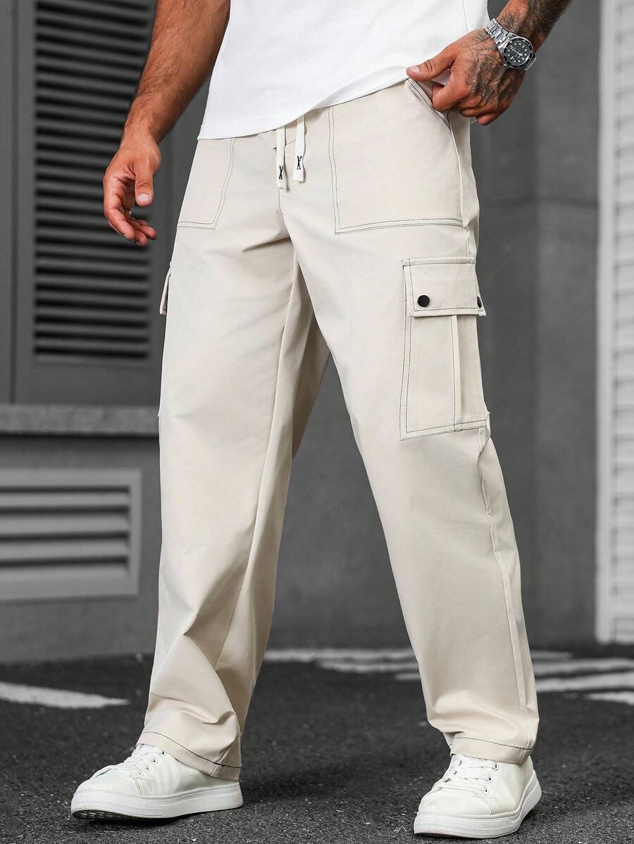 Manfinity CasualCool 米色男士抽绳腰带工装口袋休闲宽松裤 男士宽松直筒休闲裤 米色裤子 男士工装裤 白色工装裤 男士街头风裤子 - 米色 - 查看 1