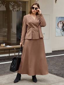 Calvaya Plus Size Solid Color Double-Breasted Jacket And Skirt Suit, Commuting Style,Brown Suit, - Coffee Brown - View 5