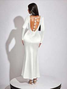 INAWLY Women's Elegant Sexy Satin Backless Bow Decor Long Sleeve Maxi Dress, Suitable For Party, Spring/Autumn - White - View 7