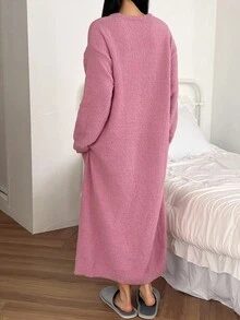 DAZY 宽松针织猫咪印花睡裙，女士秋冬睡衣连衣裙，宽松睡裙 - 粉色 - 查看 2