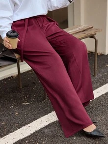 Calvaya Damen Große Größen Einfarbige Lose Elegante Plissee Weite Bein Hose - Bordeaux - Übersicht 6