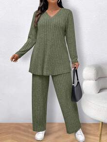 SHEIN LUNE Plus Size Women 2 Pieces Set, V-Neck Ribbed Long Sleeve T-Shirt And Casual Pants, Loose Fit, Autumn Fall Cloth For Women - Dark Green - View 5