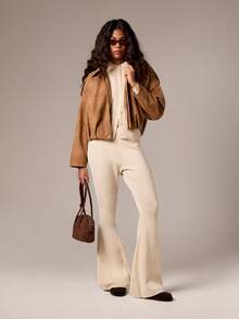 AiiRZ Knit Collared Cardigan Long Sleeve Button Front Top Business Casual Office Professional Fall Winter Workwear Classic Essential Minimalist Elegant - Khaki - View 3