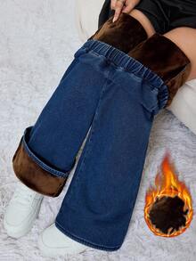 SHEIN Tall Women's Casual Side Zipper Thermal Lined Denim Jeans, Autumn/Winter, Chic Going Out Winter Clothes, Warm Brown Thermal Lined Elastic Waistband Blue Jeans - Dark Wash - View 1