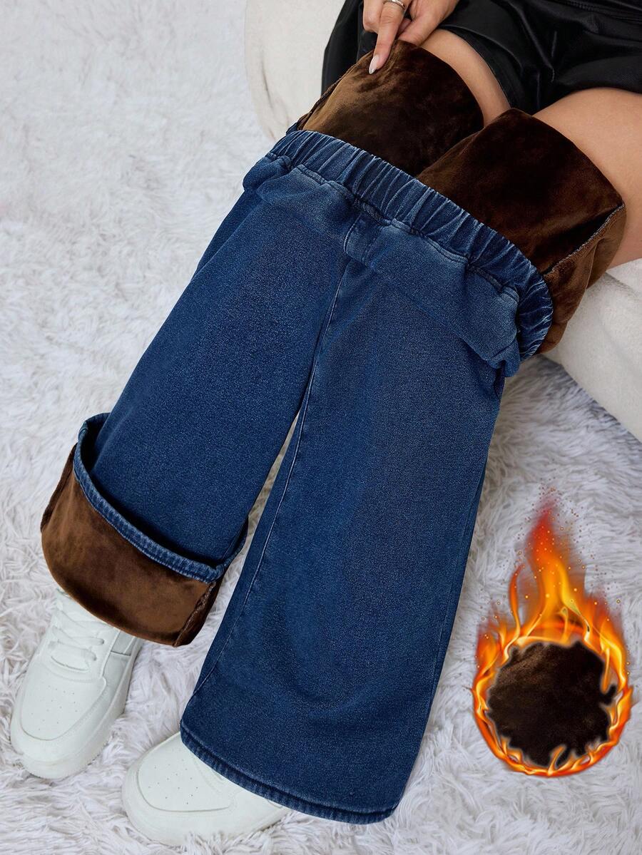 SHEIN Tall Women's Casual Side Zipper Thermal Lined Denim Jeans, Autumn/Winter, Chic Going Out Winter Clothes, Warm Brown Thermal Lined Elastic Waistband Blue Jeans - Dark Wash - View 1
