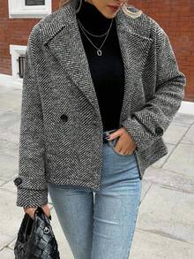 Elenzga Szary płaszcz z wełnianej wełny z długim rękawem i prostymi nogawkami w jodełkę, luźny, na co dzień, do biura, na imprezę, eleganckie wesele, Halloween, Boże Narodzenie, Nowy Rok, jesień i zimę. Standardowe rozmiary.