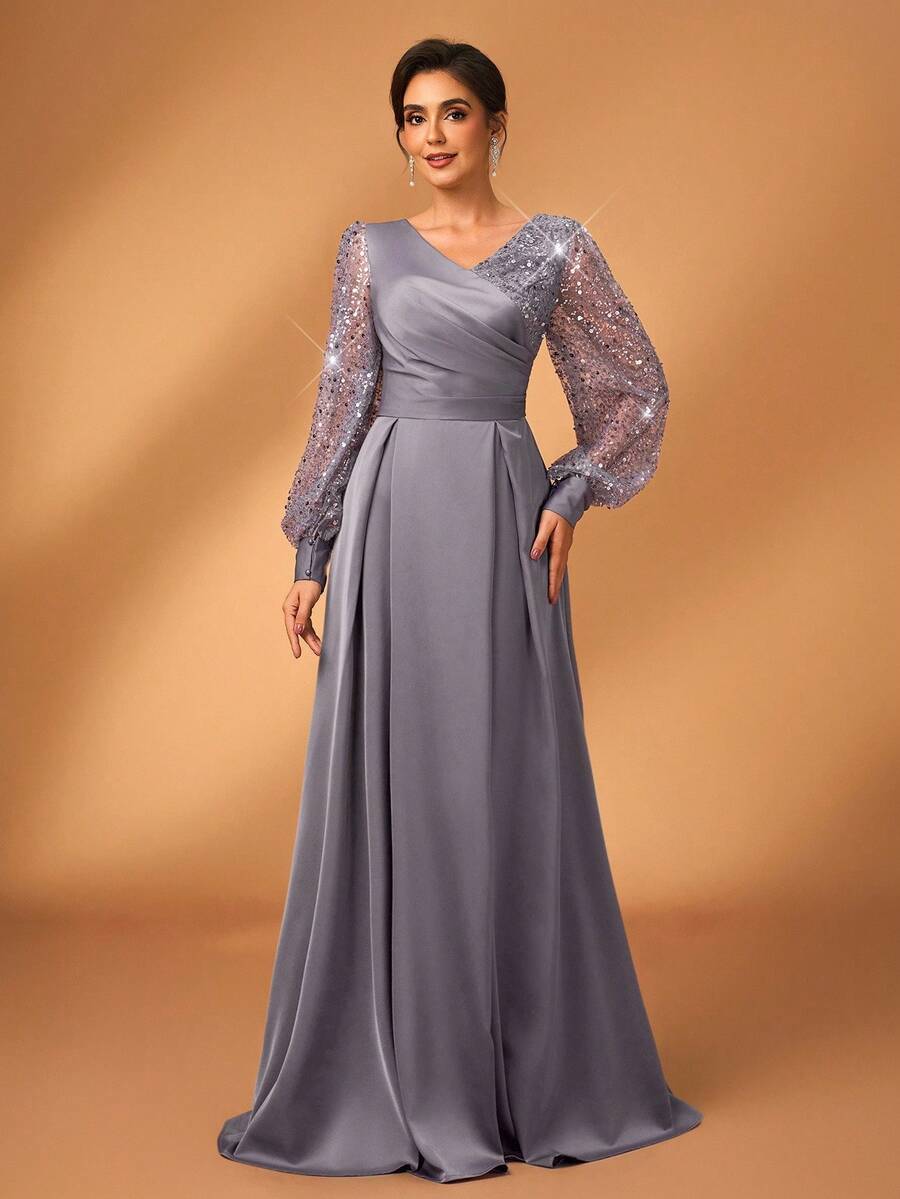 Serin 女士优雅奢华灰色闪亮串珠亮片装饰缎面长袖交叉 V 领褶皱 A 字下摆新娘母亲婚礼宾客派对礼服 - 灰色 - 查看 1