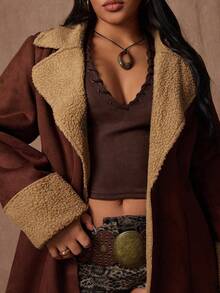 Rustia Veste mi-longue épaisse à la taille cintrée,  et fausse laine d'agneau, colorbloquée, élégante et vintage, pour femmes grandes tailles, pour l'automne/hiver