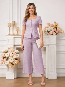 Gownix Elegant Commuter Square Neck Short Sleeve Blouse, Summer - Mauve Purple - View 4