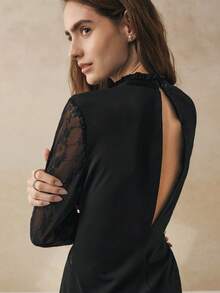 INAWLY 女式露背黑色蕾丝连衣裙 - 黑色 - 查看 3