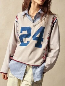 Bohemela 女士休闲拼接V领长袖宽松T恤 - 杏色 - 查看 4