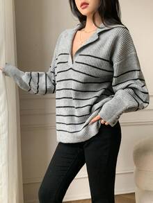 SHEIN LUNE Herbst/Winter minimalistischer Kontrast-Farbstreifen Rollkragen Strickpullover - Grau - Übersicht 6