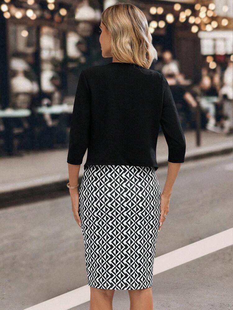 Conjunto de 2 piezas elegante con chaqueta de manga 3/4 de unicolor con abertura frontal y vestido sin mangas con estampado geométrico para mujer