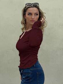Jeta Ari Camiseta de punto acanalado con botones a la mitad, ropa de otoño para mujer con manga larga - Burdeos - Ver 5