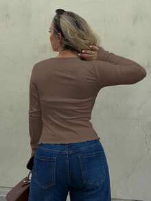 Jeta Ari Button Front Ribbed Knit Tee,Fall Clothes Long Sleeve Women Tops - Coffee Brown - View 2