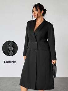 Firerie Plus Size Elegant Black Summer Formal Mandarin Collar Double Breasted Blazer Dress Women,Long Sleeve Flared Hem Tuxedo Jacket For Party,Weddings - Black - View 4
