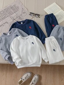 Genkimix Kids 3件套男童时尚简约加厚卫衣套装，骑士刺绣拼接套头衫和运动裤6件套 - 彩色 - 查看 5