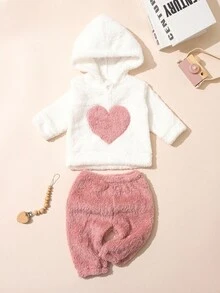 SHEIN Bộ 2 món/Bộ đồ liền thân thêu hình trái tim ấm áp cho bé gái sơ sinh, áo nỉ có mũ trùm đầu và quần dài cho mùa thu/đông - Nhiều màu - Xem 7
