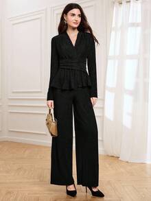 Miaspire Women's Solid Color Long Sleeve Ruched Waist Top And Wide Leg Pants Elegant 2 Pieces Set - Black - View 6